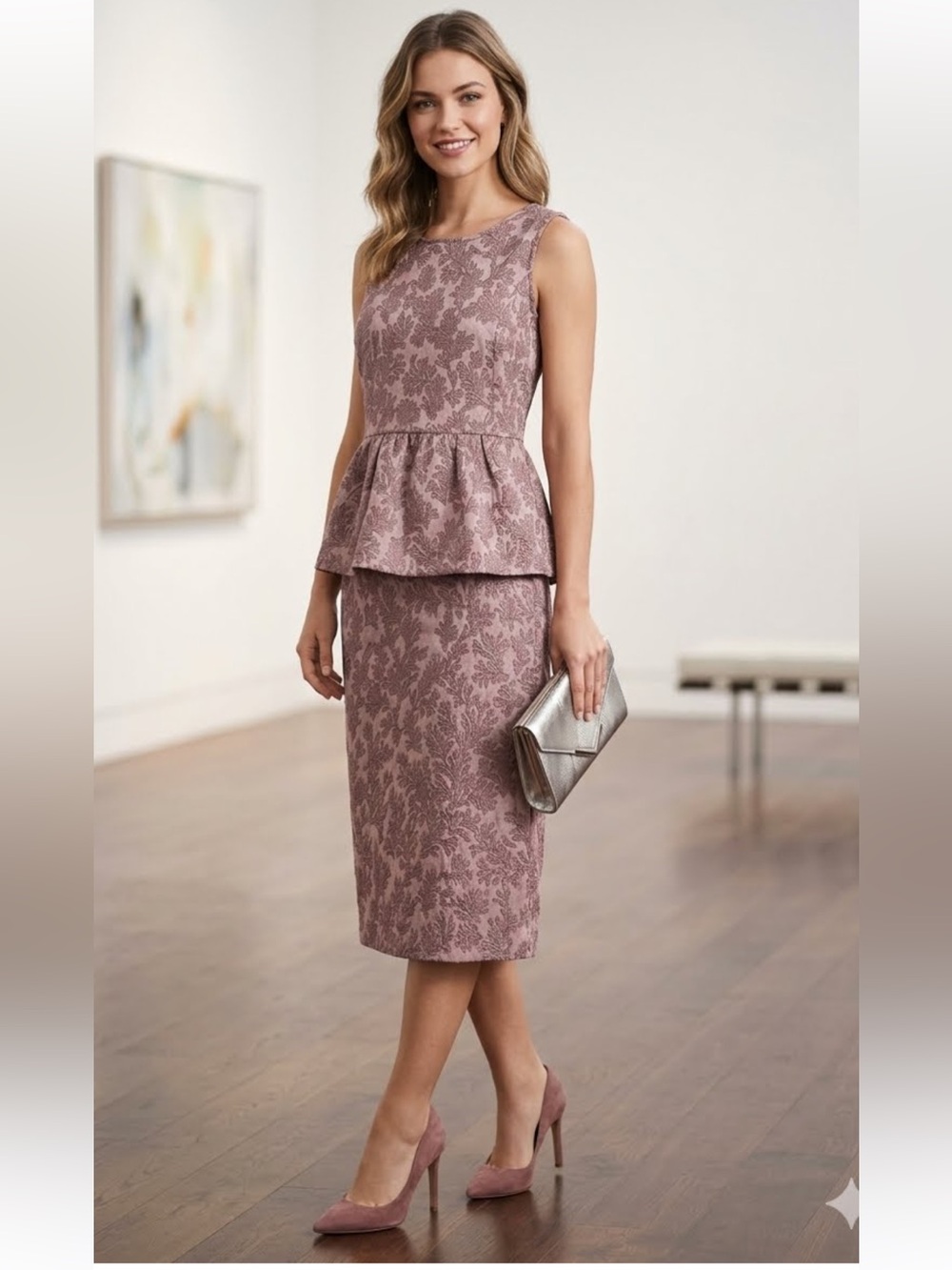 Ann Taylor Dusty Rose Floral Peplum Top & Pencil Skirt Set New Size 8